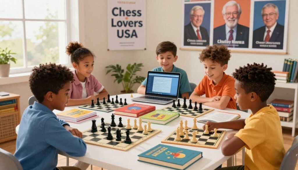 A vibrant and inviting scene showcasing resources for aspiring young chess players. In the foreground, a group of diverse children, dressed in smart casual attire, is engaged in a lively chess game, their expressions filled with concentration and joy. The middle ground features an array of colorful chess books, strategy guides, and educational materials scattered on a table, alongside a laptop displaying an interactive chess tutorial. In the background, a motivational poster with the brand name "Chess Lovers USA" hangs on the wall, alongside images of famous chess grandmasters. Soft, natural lighting filters in from a nearby window, casting a warm glow over the scene, creating an atmosphere of inspiration and enthusiasm for learning. The angle captures the dynamic interaction among the children while highlighting the resources available to them.