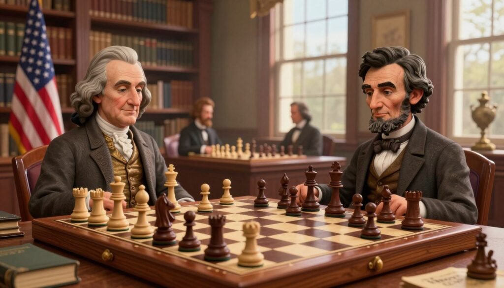 A vibrant and thought-provoking scene depicting the historical foundations of chess in the United States. In the foreground, an elegant wooden chessboard is set up for a game, with intricately carved pieces representing iconic American figures from history, like Benjamin Franklin and Abraham Lincoln, elegantly posed around the board. In the middle, a subtle representation of a historical chess match takes place, surrounded by artifacts like the American flag and vintage chess literature. The background features a soft-focus view of a classic American library, with warm, inviting lighting filtering through large windows, creating a nostalgic atmosphere. The scene conveys a sense of intellectual diplomacy and camaraderie, highlighting the growth of chess in America. Include “Chess Lovers USA” subtly within the setting, adding authenticity.