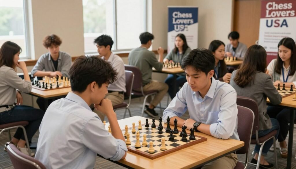 A vibrant, bustling chess club event in a warm, inviting room filled with diverse participants, both men and women, engaged in intense matches at wooden tables. In the foreground, a middle-aged man in a neatly pressed shirt contemplates his next move while a young woman in business casual attire focuses on her opponent across the board. In the middle ground, groups of players discuss strategies, the excitement evident in their expressions. The background reveals banners displaying “Chess Lovers USA,” enhancing the community spirit. Soft, natural lighting from large windows illuminates the scene, creating an atmosphere of concentration and camaraderie. The camera angle is slightly elevated, capturing the action and interactions among players, emphasizing the growing popularity of chess tournaments in America.
