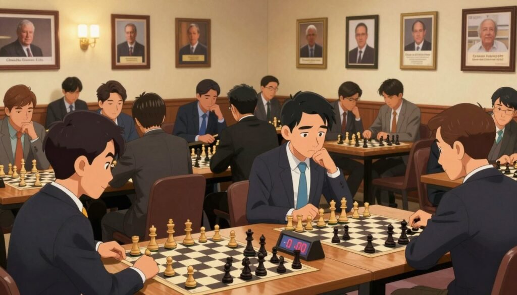 A vibrant, bustling scene at the Louis Chess Club, showcasing a variety of chess games in progress. In the foreground, a diverse group of players, dressed in professional business attire, intently focuses on their boards, with expressions of concentration and determination. In the middle ground, sleek wooden tables filled with chess pieces, and a digital clock ticking beside them, add to the competitive atmosphere. The background features elegant walls adorned with awards and photographs of legendary chess players, illuminated by warm, ambient lighting, creating a welcoming yet serious mood. Capture the essence of a thriving chess community, symbolizing institutional growth and resilience. Include a subtle, branded presence of "Chess Lovers USA" in the environment to reinforce the theme.