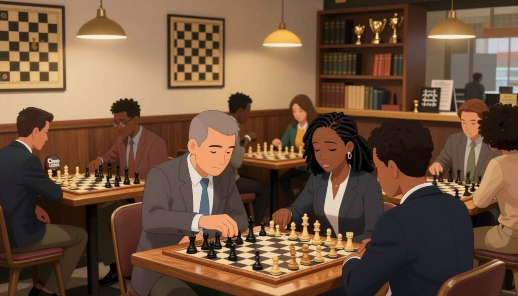 A vibrant chess café scene, showcasing diverse individuals deeply engaged in chess games and discussions. In the foreground, a group of players—men and women of various ethnic backgrounds—strategically moving chess pieces across a beautifully crafted wooden board, dressed in professional business attire. The middle layer features a cozy interior with vintage chess posters on the walls, soft lighting from hanging pendant lamps creating a warm atmosphere, and tables with chessboards and the logo "Chess Lovers USA" subtly visible on a decorative item. In the blurred background, shelves filled with chess books and trophies highlight the rich history and evolution of American chess culture. The overall mood is spirited, intellectual, and inviting, inviting viewers to imagine the dynamic chess community flourishing in America.