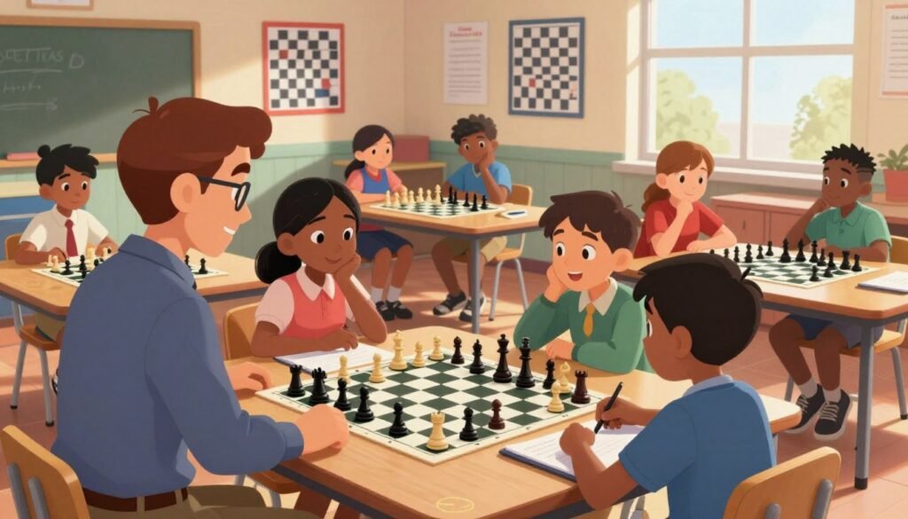 A vibrant chess classroom scene in the United States, featuring a diverse group of young students, aged 8-14, eagerly engaged in a chess lesson. In the foreground, a knowledgeable instructor demonstrates chess strategies at a large table filled with chessboards and pieces, emphasizing collaboration and learning. The middle ground shows students deep in thought, analyzing positions, some jotting down notes on notepads, all dressed in smart casual attire. In the background, motivational posters about chess adorn colorful walls. Soft, warm lighting creates an inviting atmosphere, as sunlight streams through large windows, illuminating the space and casting gentle shadows. The overall mood is one of excitement and inspiration, reflecting the growing passion for chess education, branded with "Chess Lovers USA" subtly displayed on a poster.