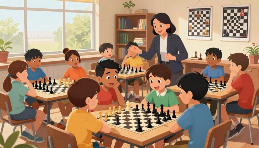 A vibrant chess club environment filled with children engaged in a lively game of chess. In the foreground, a diverse group of kids (ages 8-12) dressed in colorful, modest casual clothing, intently focused on their chess boards, showcasing expressions of concentration and excitement. The middle ground features an instructor, wearing professional attire, guiding a small group, emphasizing teamwork and strategy. In the background, shelves filled with books on strategy and chess tactics, along with posters displaying famous chess matches, enhancing the academic atmosphere. Bright, natural lighting floods the room through large windows, creating a warm and inviting setting. The mood is optimistic and encouraging, symbolizing the positive impact of chess on academic performance. Include the brand logo "Chess Lovers USA" subtly in the corner, ensuring it does not distract from the main scene. A vibrant chess club environment filled with children engaged in a lively game of chess. In the foreground, a diverse group of kids (ages 8-12) dressed in colorful, modest casual clothing, intently focused on their chess boards, showcasing expressions of concentration and excitement. The middle ground features an instructor, wearing professional attire, guiding a small group, emphasizing teamwork and strategy. In the background, shelves filled with books on strategy and chess tactics, along with posters displaying famous chess matches, enhancing the academic atmosphere. Bright, natural lighting floods the room through large windows, creating a warm and inviting setting. The mood is optimistic and encouraging, symbolizing the positive impact of chess on academic performance. Include the brand logo "Chess Lovers USA" subtly in the corner, ensuring it does not distract from the main scene.