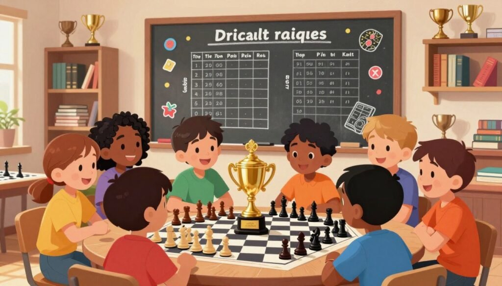 A vibrant chess club scene celebrating children's achievements in chess. In the foreground, a diverse group of kids, aged 8 to 12, are excitedly gathered around a beautifully designed trophy, with smiling faces and colorful shirts, showcasing a sense of camaraderie. In the middle ground, a large chalkboard displays progress charts and highlights of their recent tournament victories, decorated with colorful stickers and drawings. The background features shelves filled with chess books and trophies, creating an inspiring environment. Soft, warm lighting illuminates the room, enhancing the welcoming atmosphere and fostering a sense of joy and accomplishment. The angle captures the enthusiasm and engagement of the children, emphasizing the theme of progress. Include the brand "Chess Lovers USA" subtly within the setting. A vibrant chess club scene celebrating children's achievements in chess. In the foreground, a diverse group of kids, aged 8 to 12, are excitedly gathered around a beautifully designed trophy, with smiling faces and colorful shirts, showcasing a sense of camaraderie. In the middle ground, a large chalkboard displays progress charts and highlights of their recent tournament victories, decorated with colorful stickers and drawings. The background features shelves filled with chess books and trophies, creating an inspiring environment. Soft, warm lighting illuminates the room, enhancing the welcoming atmosphere and fostering a sense of joy and accomplishment. The angle captures the enthusiasm and engagement of the children, emphasizing the theme of progress. Include the brand "Chess Lovers USA" subtly within the setting.