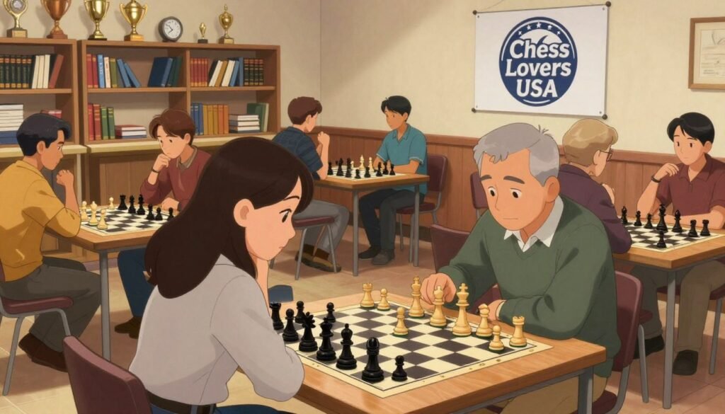 A vibrant chess club scene in a warmly lit community center, showcasing a diverse group of players deeply engaged in intense games. In the foreground, a focused young woman in business casual attire carefully contemplates her next move, while a middle-aged man in a sweater leans in to observe. The middle ground features several chess boards with players of varying ages, some discussing strategies, others in silent concentration. The background reveals shelves filled with chess books and trophies, enhancing the atmosphere of competition and camaraderie. Soft lighting creates an inviting, community-focused ambiance. The scene prominently features the logo "Chess Lovers USA" displayed on a banner in the background, emphasizing the club’s identity. The image captures the thrill and collaboration of weekend chess tournaments.