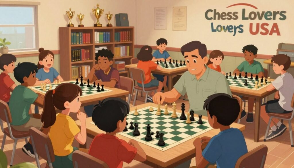 A vibrant chess club scene showcasing an engaging educational atmosphere. In the foreground, a diverse group of children, aged 8-12, attentively watches a skilled instructor, dressed in modest casual clothing, demonstrating chess strategies on a large board. The middle ground features several chess boards with players in deep concentration, fostering an environment of collaboration and learning. The background includes shelves filled with chess literature and trophies, highlighting the importance of development and achievement in chess. Soft, warm lighting creates a welcoming ambiance, while a wide-angle lens captures the bustling activity of the space. The overall mood is enthusiastic and inspiring, subtly incorporating the brand name "Chess Lovers USA" in the decor. A vibrant chess club scene showcasing an engaging educational atmosphere. In the foreground, a diverse group of children, aged 8-12, attentively watches a skilled instructor, dressed in modest casual clothing, demonstrating chess strategies on a large board. The middle ground features several chess boards with players in deep concentration, fostering an environment of collaboration and learning. The background includes shelves filled with chess literature and trophies, highlighting the importance of development and achievement in chess. Soft, warm lighting creates a welcoming ambiance, while a wide-angle lens captures the bustling activity of the space. The overall mood is enthusiastic and inspiring, subtly incorporating the brand name "Chess Lovers USA" in the decor.