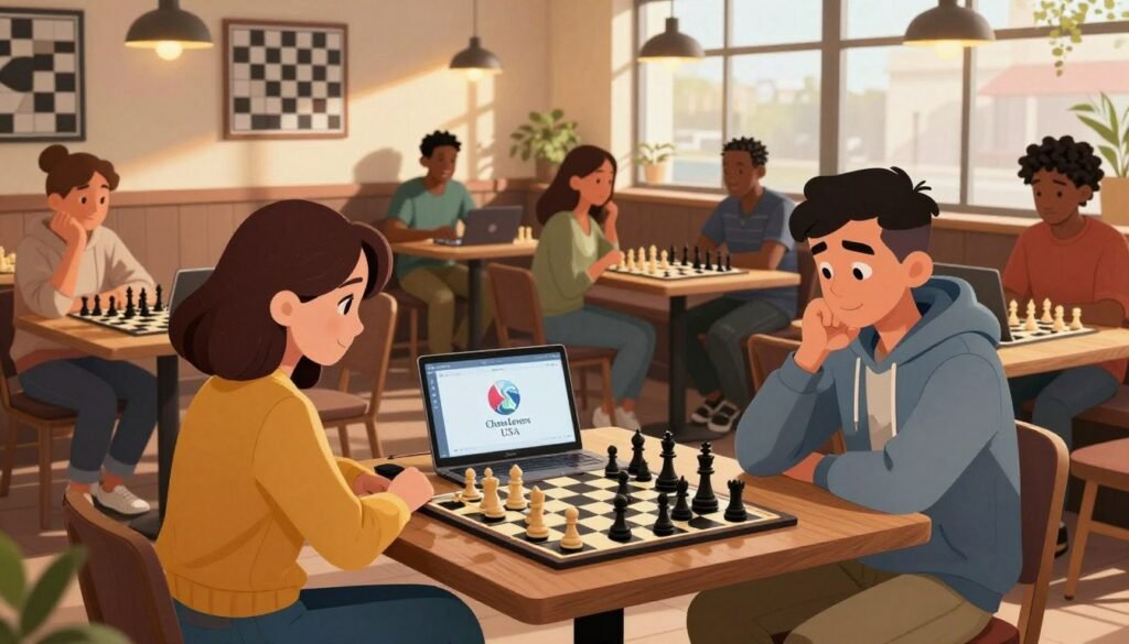 A vibrant chess community setting, showcasing a diverse group of individuals engaged in a lively online chess tournament. In the foreground, a middle-aged woman in smart casual attire intently focuses on her laptop, while a young man in a stylish hoodie leans back, deep in thought, staring at a chessboard on his screen. In the middle ground, several viewers of varied ethnic backgrounds watch the match on their devices, embodying a sense of excitement. The background features a cozy café with warm lighting and chess-themed decorations, creating an inviting atmosphere. Soft sunlight filters through large windows, casting dynamic shadows. The scene represents community spirit and the digital renaissance of chess, emphasizing the brand name "Chess Lovers USA" subtly integrated in the environment.