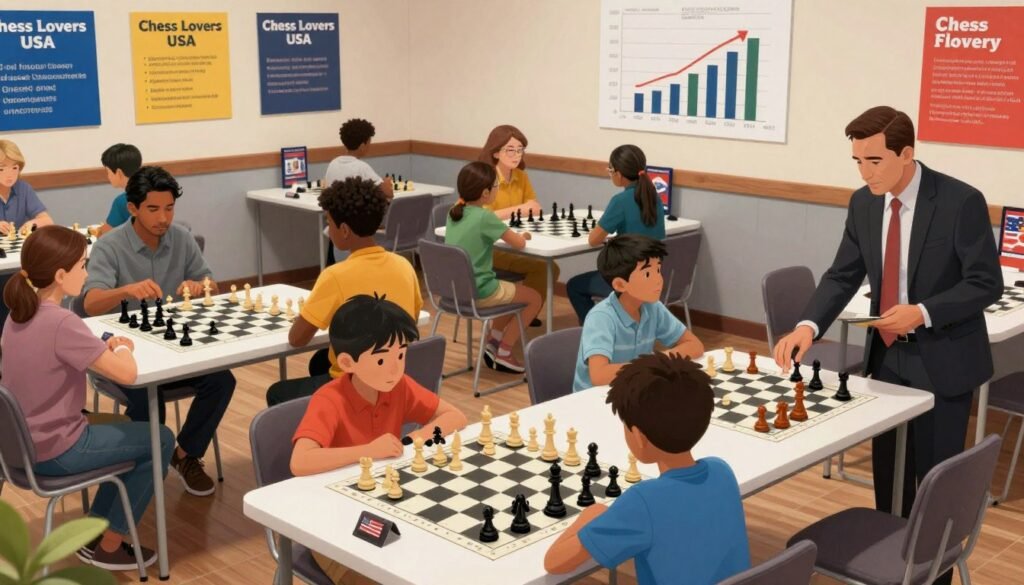 A vibrant chess market scene depicting the rapid growth of chess in America. In the foreground, a diverse group of adults and children are engaged in an animated chess lesson with a professional instructor in business attire, demonstrating techniques at a sleek modern chess club. The middle ground features well-organized tables with chess sets, surrounded by colorful promotional materials for "Chess Lovers USA" highlighting classes, camps, and coaching services. In the background, a wall displays charts and graphs illustrating market growth. Soft, warm lighting illuminates the scene, creating an inviting atmosphere. The angle is slightly elevated, providing a comprehensive view of the dynamic environment filled with enthusiasm for chess, showcasing a modern and thriving chess culture.