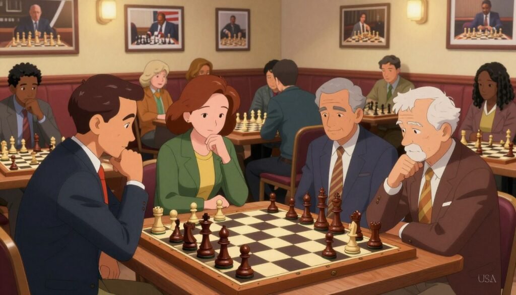 A vibrant chess scene capturing the essence of American chess excellence. In the foreground, a beautifully crafted wooden chessboard is set up, featuring intricately detailed pieces depicting iconic American Grandmasters in professional attire, deep in concentrated thought. The middle ground features a diverse group of enthusiastic chess players of various ages, some observing a lively match while others engage in thoughtful discussions about strategy. The background showcases a warm, inviting chess club atmosphere with plush seating and framed photographs of legendary matches. Soft, ambient lighting casts gentle shadows, highlighting the intensity of the game. The overall mood is one of inspiration and camaraderie, symbolizing a new generation of chess empowerment. Include branding from Chess Lovers USA subtly in the corner of the image.
