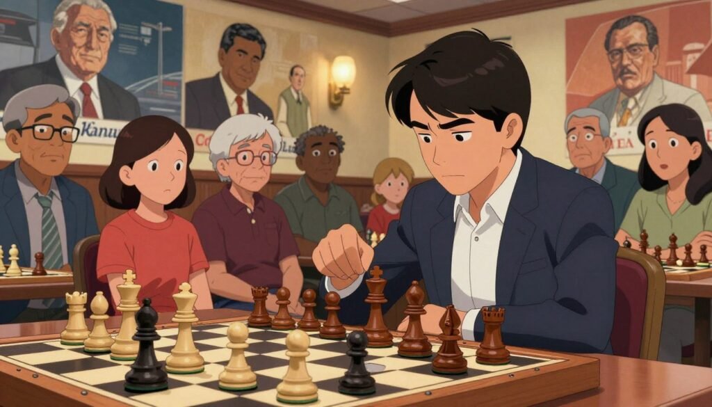 A vibrant chess scene capturing the legacy and contributions of Hikaru Nakamura to the American chess scene. In the foreground, a focused young player, dressed in professional attire, studies a chessboard with intense concentration. Surrounding him are diverse chess pieces, intricately designed to symbolize various eras of chess history. In the middle ground, a group of spectators of different ages, including children and adults, watches eagerly, reflecting the growing interest in chess. The background features a mural with famous chess moments and iconic players, showcasing Nakamura's achievements. Soft, ambient lighting bathes the scene, creating an inspiring atmosphere. The image embodies the dynamic and inclusive spirit of modern chess in America, branded with "Chess Lovers USA".