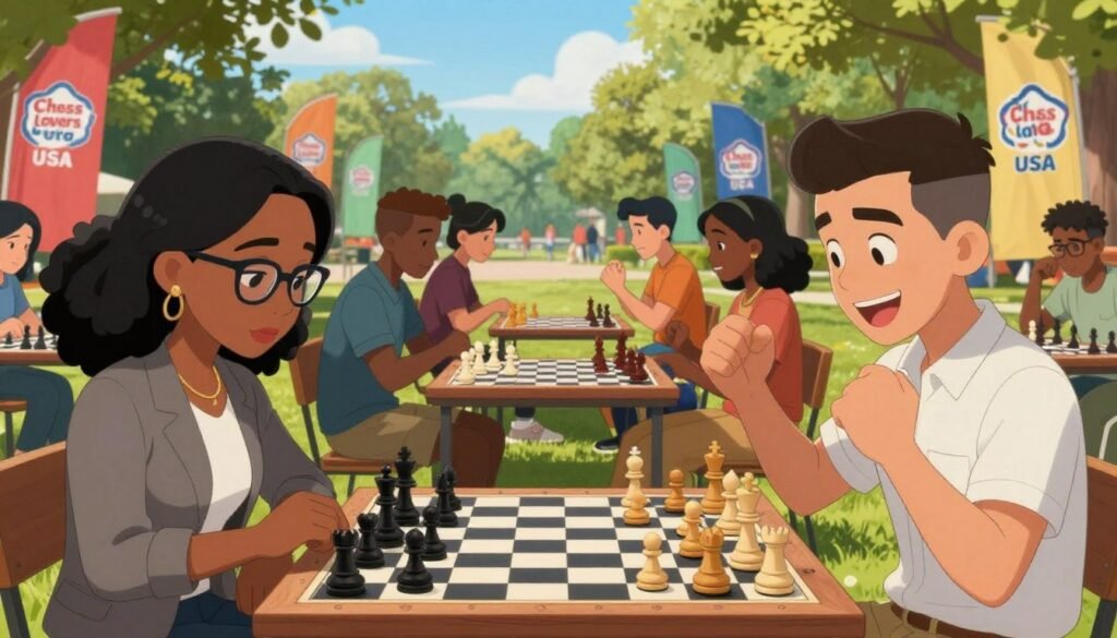 A vibrant chess scene depicting a diverse group of young adults engaged in an animated chess tournament outdoors in a park setting. In the foreground, a focused Black woman in a classy business outfit with glasses examines a chessboard, while beside her, a cheerful Hispanic man in smart casual attire celebrates an impressive move. In the middle ground, a mix of players of various ethnicities are intensely playing chess, surrounded by colorful banners with the logo of "Chess Lovers USA." In the background, lush green trees and a bright blue sky create an inviting atmosphere, illuminated by soft sunlight. The angle captures the excitement of competition while emphasizing the global interest in chess among Gen Z. The overall mood is energetic, inspiring, and reflective of a growing community passionate about chess. A vibrant chess scene depicting a diverse group of young adults engaged in an animated chess tournament outdoors in a park setting. In the foreground, a focused Black woman in a classy business outfit with glasses examines a chessboard, while beside her, a cheerful Hispanic man in smart casual attire celebrates an impressive move. In the middle ground, a mix of players of various ethnicities are intensely playing chess, surrounded by colorful banners with the logo of "Chess Lovers USA." In the background, lush green trees and a bright blue sky create an inviting atmosphere, illuminated by soft sunlight. The angle captures the excitement of competition while emphasizing the global interest in chess among Gen Z. The overall mood is energetic, inspiring, and reflective of a growing community passionate about chess.