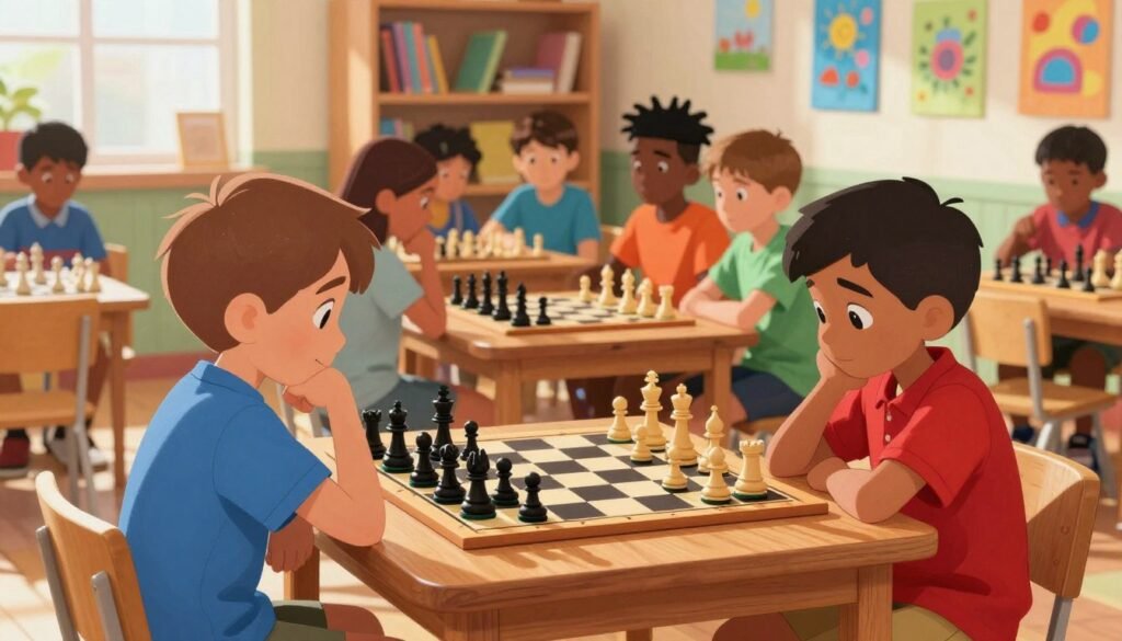 A vibrant chess scene featuring a diverse group of children deeply engaged in a game of chess, set in a cozy, sunlit community center. In the foreground, two boys are intently pondering their next moves, one of them in a blue shirt and the other in a red polo, both showcasing expressions of focus and determination. The middle ground showcases a wooden chess table adorned with an intricately designed chess set, pieces in mid-game, symbolizing strategic thinking. In the background, shelves filled with books about strategy and critical thinking enhance the atmosphere, while colorful artwork on the walls reflects the creativity of the space. The warm, natural lighting emphasizes the collaborative spirit of learning and problem-solving. Overlay the scene with the brand logo "Chess Lovers USA" subtly integrated into the design. A vibrant chess scene featuring a diverse group of children deeply engaged in a game of chess, set in a cozy, sunlit community center. In the foreground, two boys are intently pondering their next moves, one of them in a blue shirt and the other in a red polo, both showcasing expressions of focus and determination. The middle ground showcases a wooden chess table adorned with an intricately designed chess set, pieces in mid-game, symbolizing strategic thinking. In the background, shelves filled with books about strategy and critical thinking enhance the atmosphere, while colorful artwork on the walls reflects the creativity of the space. The warm, natural lighting emphasizes the collaborative spirit of learning and problem-solving. Overlay the scene with the brand logo "Chess Lovers USA" subtly integrated into the design.