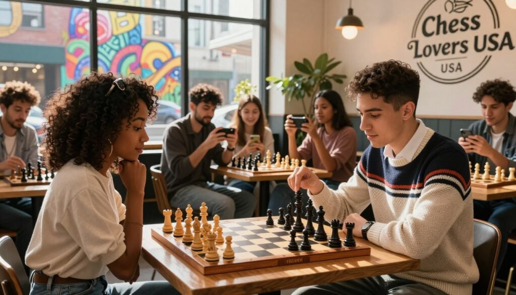A vibrant chess scene set in a contemporary urban café, showcasing a group of young diverse players engaged in an exciting match. In the foreground, a wooden chessboard with intricately carved pieces positioned mid-game. Two players, a Black woman in casual attire and a Hispanic man in a stylish sweater, intensely focus on their strategies. The middle ground features spectators of various backgrounds, some capturing the moment on their smartphones, their expressions filled with enthusiasm. In the background, large windows reveal a bustling street filled with colorful street art, reflecting the modern vibe. The atmosphere is lively and inviting, with warm morning sunlight streaming in, creating a cozy yet energetic ambiance. The logo "Chess Lovers USA" decorates the café's wall, tying the scene to the cultural resurgence of chess. A vibrant chess scene set in a contemporary urban café, showcasing a group of young diverse players engaged in an exciting match. In the foreground, a wooden chessboard with intricately carved pieces positioned mid-game. Two players, a Black woman in casual attire and a Hispanic man in a stylish sweater, intensely focus on their strategies. The middle ground features spectators of various backgrounds, some capturing the moment on their smartphones, their expressions filled with enthusiasm. In the background, large windows reveal a bustling street filled with colorful street art, reflecting the modern vibe. The atmosphere is lively and inviting, with warm morning sunlight streaming in, creating a cozy yet energetic ambiance. The logo "Chess Lovers USA" decorates the café's wall, tying the scene to the cultural resurgence of chess.