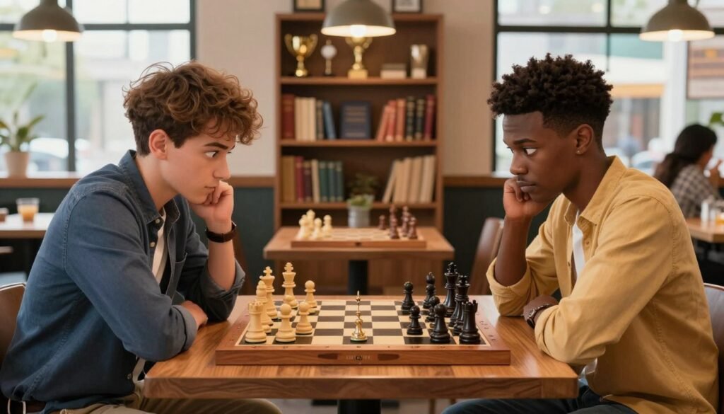 A vibrant chess scene set in a well-lit, cozy café that represents the spirit of "Chess Lovers USA". In the foreground, a beautifully crafted wooden chessboard occupies a small table, with pieces arranged mid-game, showcasing a tense moment between two players. The players, a diverse pair of individuals dressed in smart casual attire, are leaning forward in concentration, their expressions reflecting deep thought. In the middle background, bookshelves filled with chess literature and trophies hint at a rich history of chess culture, suggesting a community hub. Soft, warm lighting filters through large windows, illuminating the scene and creating an inviting atmosphere. The focus is on the strategy and camaraderie of chess, capturing the essence of the US Chess Federation's mission to promote the game.
