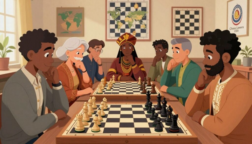 A vibrant chess scene showcasing cultural diversity, featuring a group of elegantly dressed players of various ethnic backgrounds engaged in a captivating game. The foreground highlights a beautifully designed chess board, with pieces inspired by different cultures, such as traditional Asian, African, and European designs. In the middle, players of different ages and backgrounds are deep in thought and conversation, illustrating the community spirit. The background depicts a warm, inviting room filled with chess-related artwork and posters celebrating the game and its global influences. Soft, natural lighting bathes the scene, enhancing the sense of camaraderie and engagement. This image represents a fusion of cultures in the American chess landscape, branded subtly as "Chess Lovers USA".
