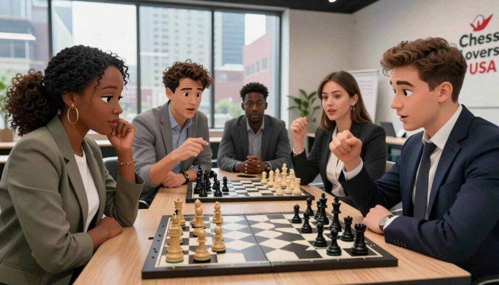 A vibrant chess scene showcasing emerging trends in the game, featuring a diverse group of four professional chess coaches demonstrating strategies in a modern chess club. In the foreground, a black and white chessboard is illuminated with soft, natural lighting, emphasizing the intricate details of the pieces. The middle ground displays the coaches—one Black woman in business attire, one Hispanic man in a smart casual outfit, and two Caucasian women, one dressed professionally, discussing game tactics passionately. In the background, large windows reveal a bustling cityscape, symbolizing the growth of chess culture in urban America. The overall mood is energetic and innovative, capturing the excitement and future opportunities within the chess community, with a logo for "Chess Lovers USA" subtly integrated into the scene.