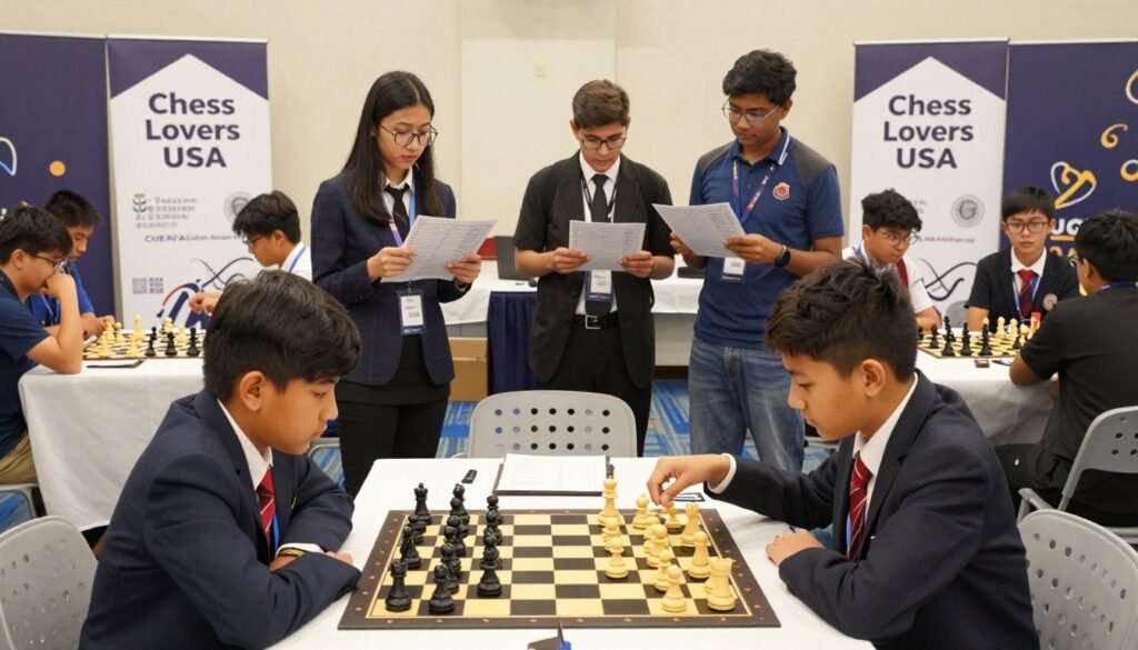 A vibrant chess tournament scene featuring a diverse group of young players, aged 10-18, intensely focused on their chessboards as they engage in a rating review session. In the foreground, two players in professional attire analyze their games, with chess pieces poised strategically on the board. In the middle ground, additional players and coaches review rating charts and discuss strategies, showcasing enthusiasm and camaraderie. The background features banners with “Chess Lovers USA” displayed prominently, undulating gently. The lighting is bright and inviting, simulating a well-lit indoor venue with an overhead view, conveying a sense of competition and determination. The overall atmosphere is dynamic and energetic, reflecting the spirit of youth in a chess tournament setting.