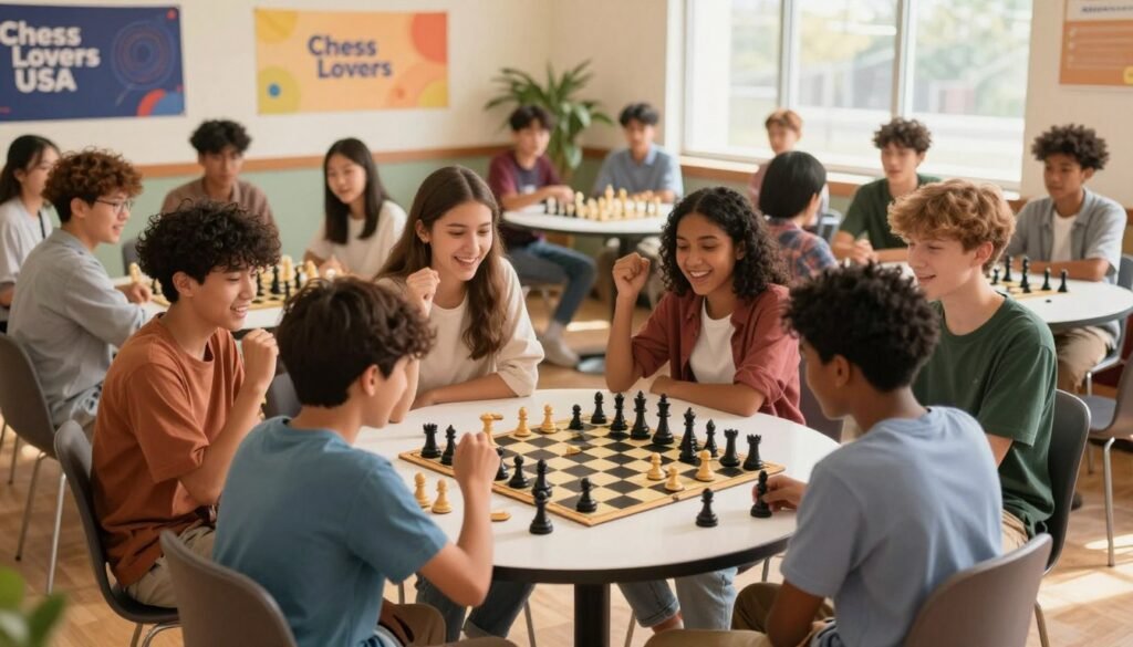 A vibrant chess tournament scene featuring a diverse youth audience, with teenagers and young adults of various ethnicities engaged and cheering animatedly. In the foreground, a group of friends in casual, modern attire passionately discussing strategies, some holding chess pieces. The middle ground showcases a round table with a chess game in progress, while several spectators eagerly watch. In the background, colorful banners promoting "Chess Lovers USA" adorn the walls, and natural light streams in from large windows, creating a warm, inviting atmosphere. The angle is slightly elevated, capturing the excitement of the event, with soft focus on the crowd's expressions, emphasizing camaraderie and enthusiasm. The overall mood is energetic and optimistic, reflecting the revitalization of chess culture among the youth.