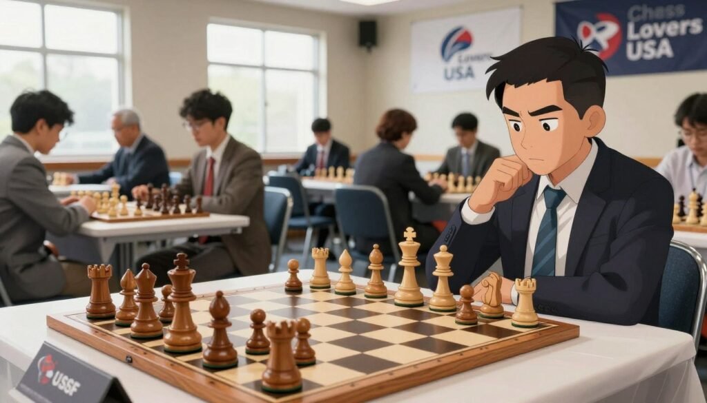 A vibrant chess tournament scene featuring a well-organized chess board in the foreground, with intricately carved wooden pieces set in mid-game. The middle ground includes focused players seated at tables, dressed in business casual attire, deeply engaged in their matches. Soft, natural lighting streams in from large windows, casting gentle shadows that enhance the ambiance. In the background, banners with the logo "Chess Lovers USA" hang prominently, while spectators observe quietly, creating an atmosphere of concentration and anticipation. The angle captures both the chess board and the players' expressions, emphasizing the strategic depth of a USCF tournament environment.
