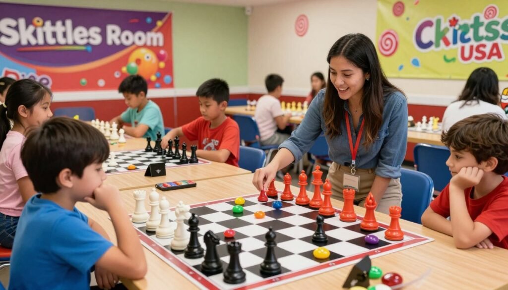 A vibrant chess tournament scene set in a colorful "Skittles Room," filled with a playful atmosphere. In the foreground, a large, intricately designed chessboard features brightly colored pieces resembling various Skittles candies, inviting children and families. In the middle ground, enthusiastic children and parents are engaged in friendly matches, showcasing expressions of concentration and excitement. The background reveals banners displaying "Chess Lovers USA" and whimsical, candy-themed decorations that create a welcoming environment. Soft, bright lighting illuminates the scene, emphasizing the cheerful ambiance. The angle captures the active dynamics of the tournament, evoking a sense of fun and friendly competition while maintaining a professional setting ideal for kids. A vibrant chess tournament scene set in a colorful "Skittles Room," filled with a playful atmosphere. In the foreground, a large, intricately designed chessboard features brightly colored pieces resembling various Skittles candies, inviting children and families. In the middle ground, enthusiastic children and parents are engaged in friendly matches, showcasing expressions of concentration and excitement. The background reveals banners displaying "Chess Lovers USA" and whimsical, candy-themed decorations that create a welcoming environment. Soft, bright lighting illuminates the scene, emphasizing the cheerful ambiance. The angle captures the active dynamics of the tournament, evoking a sense of fun and friendly competition while maintaining a professional setting ideal for kids.