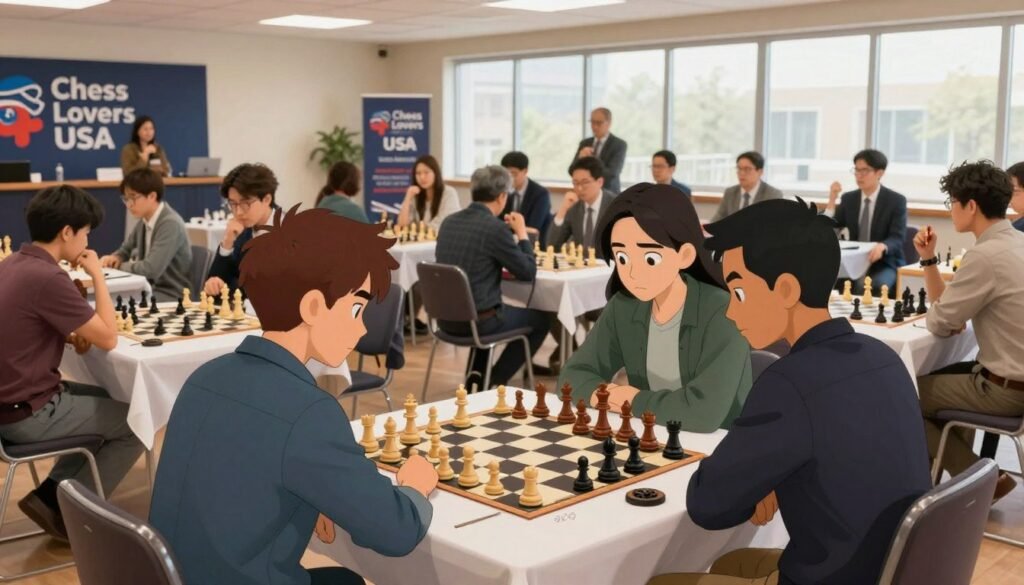 A vibrant chess tournament scene set in a large, well-lit hall filled with enthusiastic players and spectators. In the foreground, two focused individuals of diverse backgrounds are engaged in a tense chess match at a stylish table, their expressions reflecting concentration and determination. In the middle ground, clusters of spectators observe, some discussing strategies, while others cheer on their favorite players. The background features banners for "Chess Lovers USA," adding a touch of branding to the event. Soft natural lighting streams through large windows, creating an inviting atmosphere, while the angle captures a dynamic perspective of the match and the excitement of the crowd, immersing the viewer in the competitive spirit of national chess events.