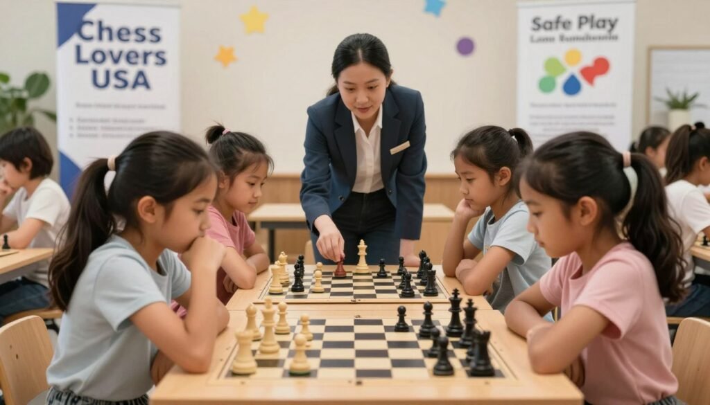 A vibrant chess tournament scene showcasing a diverse group of young girls engaged in a chess match, emphasizing the importance of safe play policies. In the foreground, two girls thoughtfully analyzing their chess boards, dressed in modest casual clothing, are deep in concentration. In the middle ground, a friendly chess coach in professional attire is guiding another pair of girls, highlighting mentorship. The background features banners displaying "Chess Lovers USA" and symbols of safe play regulations, with colorful chess pieces scattered around. Soft natural lighting creates a warm and inclusive atmosphere, with a shallow depth of field focusing on the players while blurring the background. The image conveys a sense of camaraderie, focus, and the joy of learning in a safe environment.