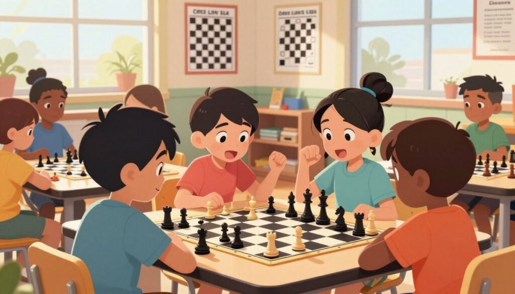 A vibrant classroom scene focusing on the cognitive benefits of chess for young students. In the foreground, a diverse group of three children, two boys and a girl, are engaged in a lively chess game on a table, their expressions filled with concentration and excitement. They are wearing modest casual clothing. In the middle ground, educational posters about chess strategies and cognitive skills adorn the walls, emphasizing learning. In the background, sunlight streams through large windows, casting a warm glow over the scene and enhancing the atmosphere of focus and creativity. Capture the moment from a slightly elevated angle to highlight both the chess game and the children's interactions. Incorporate the branding "Chess Lovers USA" subtly within the environment, perhaps on a poster or chess set.