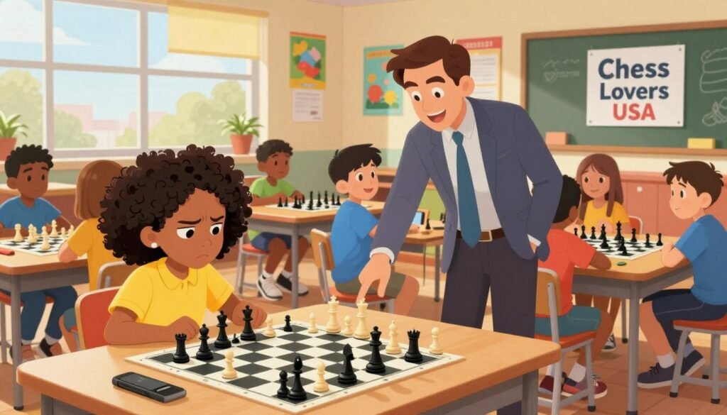 A vibrant classroom scene showcasing children participating in a chess program, with a diverse group of kids aged 8-12 learning and interacting around several chess tables. In the foreground, a girl with curly hair studies a chessboard, her brow furrowed in concentration, wearing a bright yellow shirt. The middle ground features a friendly instructor in business casual attire guiding a boy in a blue shirt, pointing at a chess piece while smiling. The background is filled with colorful educational posters about chess strategies, bathed in warm, inviting lighting from large windows. The atmosphere is energetic and welcoming, emphasizing teamwork and excitement for learning chess with "Chess Lovers USA" prominently displayed on a banner in the room. A vibrant classroom scene showcasing children participating in a chess program, with a diverse group of kids aged 8-12 learning and interacting around several chess tables. In the foreground, a girl with curly hair studies a chessboard, her brow furrowed in concentration, wearing a bright yellow shirt. The middle ground features a friendly instructor in business casual attire guiding a boy in a blue shirt, pointing at a chess piece while smiling. The background is filled with colorful educational posters about chess strategies, bathed in warm, inviting lighting from large windows. The atmosphere is energetic and welcoming, emphasizing teamwork and excitement for learning chess with "Chess Lovers USA" prominently displayed on a banner in the room.