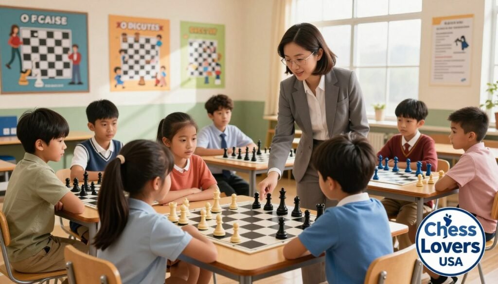 A vibrant classroom setting illustrating the integration of chess into the academic curriculum. In the foreground, a diverse group of children, ages 8-12, dressed in professional business attire and modest casual clothing, animatedly engage in a chess game on a large chessboard. In the middle ground, a teacher, also dressed appropriately, guides students through strategic concepts, pointing to a chessboard filled with pieces. The background features colorful educational posters about chess tactics and famous chess players, with sunlight streaming through large windows, creating a warm and inviting atmosphere. The mood is inspiring and focused, emphasizing the importance of chess in education. A sleek logo of "Chess Lovers USA" subtly integrated into the corner of the image adds a professional touch.