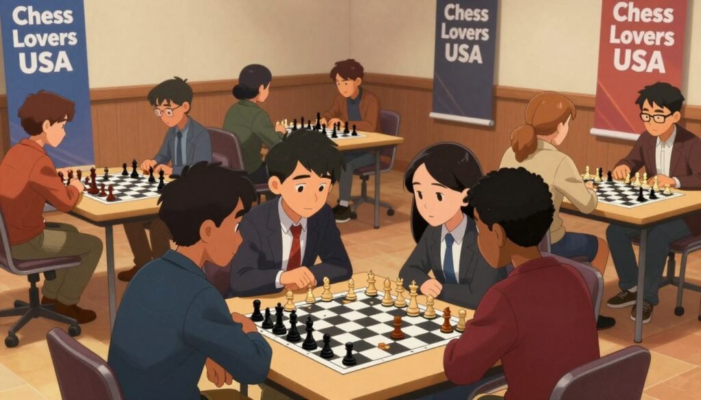 A vibrant collegiate chess league scene set in a university auditorium. In the foreground, a diverse group of three students, each dressed in smart casual attire, intensely focus on a chessboard, deep in strategy discussions. The middle layer features several chessboards arranged on tables, showing players in competitive play, with pieces captured and strategic moves being planned. The background highlights banners with "Chess Lovers USA" emblazoned, creating a spirited atmosphere. The lighting is bright yet warm, with soft spotlights focusing on the chess tables to emphasize the action. The angle is slightly elevated, capturing the energy of the event while conveying a sense of camaraderie and competition, embodying a spirited preparation for upcoming collegiate events.