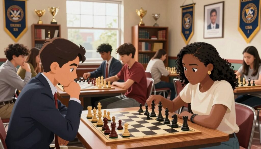 A vibrant collegiate chess scene set in an elegant university chess room, showcasing a diverse group of young students engaged in intense gameplay. In the foreground, a Hispanic male student, dressed in professional business attire, thoughtfully studies the board, while a Black female student, wearing modest casual clothing, analyzes her position. In the middle ground, several other players, including a Caucasian male and an Asian female, are deep in concentration. The background features a large window letting in warm natural light, illuminating chess trophies and books lining the shelves. The room is adorned with university banners and framed photographs of past chess champions. The overall atmosphere conveys excitement, intellectual challenge, and a sense of community, representing "Chess Lovers USA." High-resolution, shot with a 35mm lens for depth.