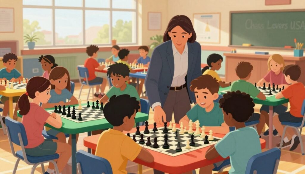 A vibrant community chess event in a bright, spacious school gymnasium filled with diverse children and teenagers playing chess, engaged in discussions, and collaborating on strategies. In the foreground, a diverse group of young players, including boys and girls of various ethnicities, are seated at colorful tables with chess boards and pieces, showcasing intense focus and camaraderie. In the middle ground, a supportive adult mentor, dressed in smart casual attire, is helping a young player visualize a winning move. The background features large windows letting in warm, natural light, creating an inviting atmosphere. The scene is designed to depict teamwork, inclusivity, and excitement for learning. Include the logo of "Chess Lovers USA" subtly in the composition to reinforce community spirit. The overall mood is cheerful and inspiring, capturing the essence of a nurturing chess environment.