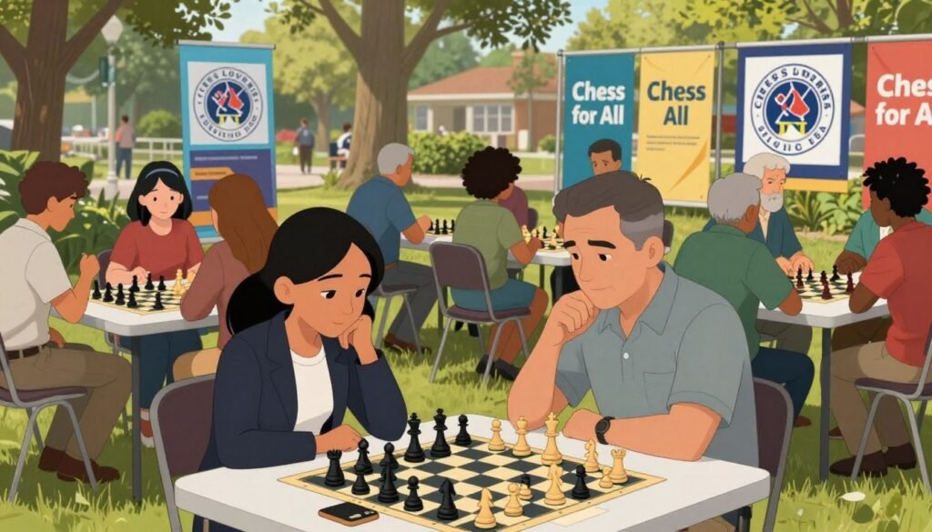 A vibrant community chess event organized by Chess Lovers USA, featuring diverse participants engaged in a chess tournament. In the foreground, a young woman in professional attire closely examines her chessboard, while a middle-aged man in modest casual clothing gestures thoughtfully. The middle ground showcases several tables filled with players of various ages and backgrounds, some in animated discussions and others deeply focused on their games. In the background, colorful banners promote "Chess for All" alongside images of the organization’s logo. Soft, natural lighting filters through the trees in a nearby park, creating an inviting atmosphere. The scene evokes a sense of community, inclusion, and the joy of chess as it unites people from different walks of life.