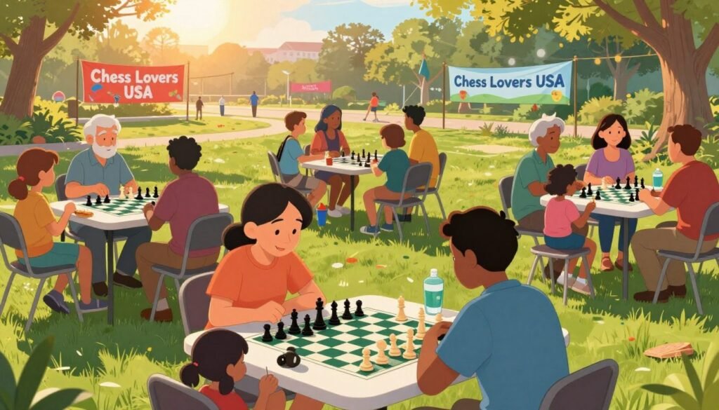 A vibrant community chess gathering takes place outdoors in a park setting, showcasing an assortment of chess tables filled with diverse players, including families, seniors, and children. In the foreground, two players are deeply engaged in a game, analyzing their moves, while others observe intently. The middle ground features a relaxed atmosphere with spectators enjoying snacks and drinks, promoting a sense of camaraderie. In the background, colorful banners representing "Chess Lovers USA" wave gently in the breeze, framing the scene. Soft, warm lighting casts a welcoming glow as the sun sets, creating a joyful and inviting mood. Capture this engaging scene from a slightly elevated angle, emphasizing the lively interactions and community spirit, with a focus on the vibrant energy of weekly chess leagues.