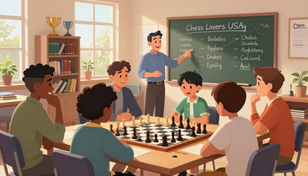 A vibrant community chess scene set in a cozy, well-lit room. In the foreground, a diverse group of adult beginners, dressed in casual but professional attire, are engaged in an animated discussion over a chessboard. Various chess pieces are mid-game, showcasing strategic moves. The middle ground features a large chalkboard displaying chess strategies, with a friendly coach pointing at it, encouraging interaction. In the background, shelves filled with chess books and trophies symbolize growth and achievement. Warm sunlight streams through large windows, casting a soft glow that adds to the inviting atmosphere. The overall mood is supportive and inspiring, celebrating the essence of coaching and community in the chess journey. Branding subtly includes "Chess Lovers USA" visible on the room’s decor.