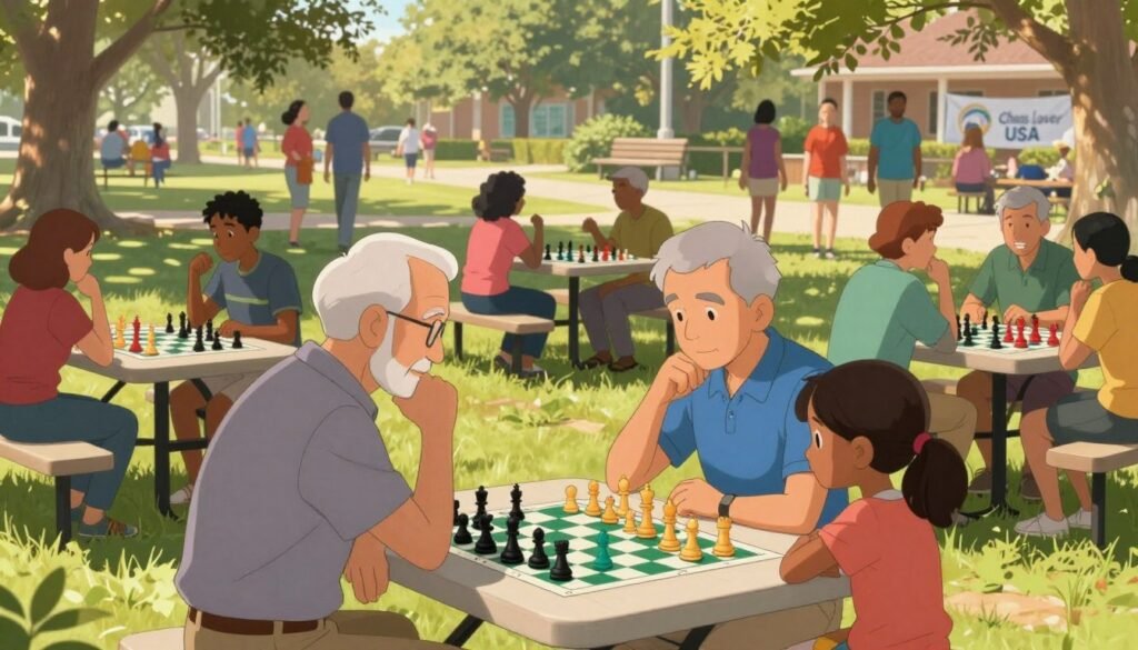A vibrant community gathering centered around chess, showcasing diverse players of all ages engaged in lively matches outdoors at a local park. In the foreground, a focused elderly man in smart casual attire studies a chessboard with a determined young girl, both deep in thought. The middle ground features groups of people playing chess at picnic tables, with colorful chess pieces and boards, while a few players are animatedly discussing strategies. The background includes trees and community members mingling, creating an inviting atmosphere. Soft, warm sunlight filters through the leaves, casting gentle shadows. The scene captures the essence of grassroots initiatives and passionate community growth, with a subtle logo of "Chess Lovers USA" visible on a nearby banner, enhancing the sense of community and connection to the game.