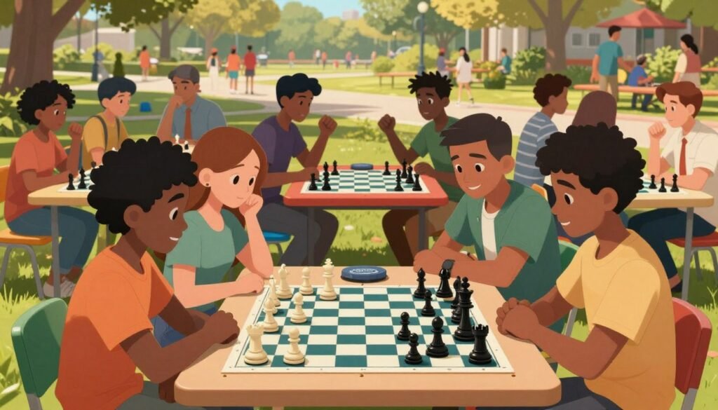A vibrant community gathering focused on chess, showcasing a diverse group of young individuals from various backgrounds engaging in friendly matches outdoors. In the foreground, a multi-ethnic group of four players, two men and two women, dressed in casual yet stylish attire, intensely focused on their chessboards, with pieces thoughtfully arranged. The middle layer features a colorful chess table surrounded by onlookers, some discussing strategies, others cheering. The background presents a sunlit park scene with trees and picnic areas, hinting at a lively atmosphere. Soft, warm lighting enhances the scene, creating an inviting and inclusive mood that promotes camaraderie. Capture the essence of "Chess Lovers USA" as a welcoming hub for all chess enthusiasts. A vibrant community gathering focused on chess, showcasing a diverse group of young individuals from various backgrounds engaging in friendly matches outdoors. In the foreground, a multi-ethnic group of four players, two men and two women, dressed in casual yet stylish attire, intensely focused on their chessboards, with pieces thoughtfully arranged. The middle layer features a colorful chess table surrounded by onlookers, some discussing strategies, others cheering. The background presents a sunlit park scene with trees and picnic areas, hinting at a lively atmosphere. Soft, warm lighting enhances the scene, creating an inviting and inclusive mood that promotes camaraderie. Capture the essence of "Chess Lovers USA" as a welcoming hub for all chess enthusiasts.
