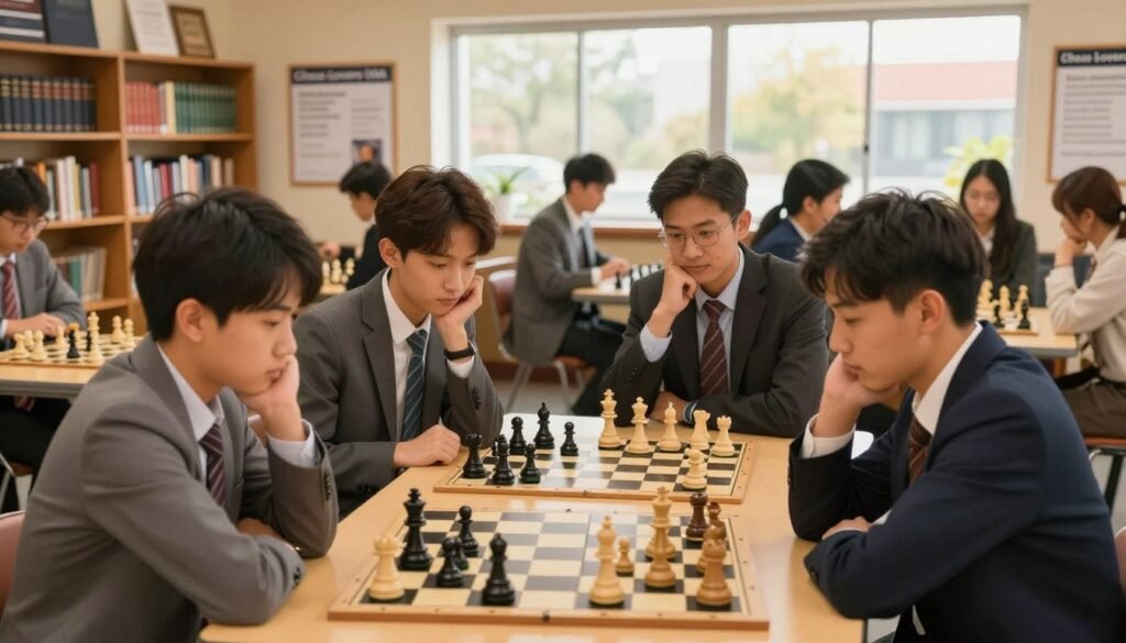 A vibrant community scene depicting individuals engaged in chess games at a local club, showcasing a diverse group of players in professional business attire. In the foreground, close-up on a chessboard with intense players deeply focused on their strategies. In the middle ground, the local club setting includes shelves filled with chess books and a bulletin board displaying flyers for upcoming national championship events, emphasizing "Chess Lovers USA". The background features large windows letting in warm, natural light, illuminating the atmosphere. The mood is lively yet contemplative, emphasizing the social aspect of chess. The image should convey excitement and community spirit in a welcoming environment, with a slightly blurred depth of field to keep the focus on the players and chessboard.
