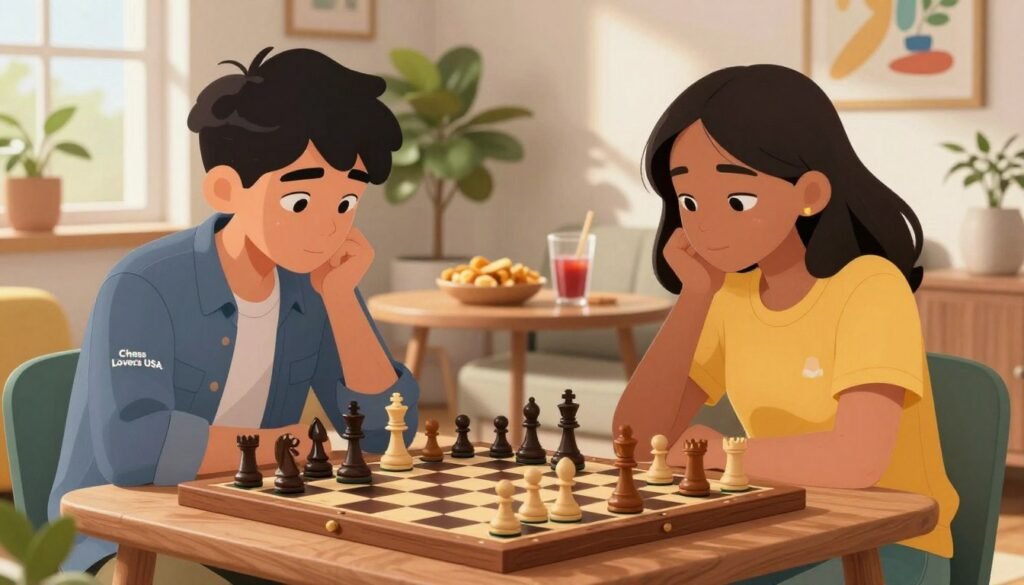 A vibrant, cozy indoor setting featuring two young adults, one male and one female, deeply focused on a chess game at a stylish wooden chessboard. Both players exhibit a mix of concentration and enjoyment, dressed in smart casual clothing. The foreground showcases the chess pieces in various strategic positions, with an emphasis on the pawn and queen. In the middle ground, a table holds snacks and drinks, adding a relaxed ambiance, while the background includes contemporary decor like plants and art, creating a lively atmosphere. Warm, natural lighting filters through a nearby window, casting soft shadows and enhancing the clarity of the scene. The setting should capture the excitement of a chess match, resonating with the youthful energy of Gen Z. Include the brand name "Chess Lovers USA." A vibrant, cozy indoor setting featuring two young adults, one male and one female, deeply focused on a chess game at a stylish wooden chessboard. Both players exhibit a mix of concentration and enjoyment, dressed in smart casual clothing. The foreground showcases the chess pieces in various strategic positions, with an emphasis on the pawn and queen. In the middle ground, a table holds snacks and drinks, adding a relaxed ambiance, while the background includes contemporary decor like plants and art, creating a lively atmosphere. Warm, natural lighting filters through a nearby window, casting soft shadows and enhancing the clarity of the scene. The setting should capture the excitement of a chess match, resonating with the youthful energy of Gen Z. Include the brand name "Chess Lovers USA."