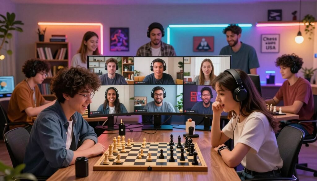 A vibrant digital chess community scene showing a diverse group of young adults engaged in online chess streaming. In the foreground, a focused player, a woman in modern casual attire, looks at her laptop screen, conveying concentration and excitement. In the middle, we see a split-screen view of multiple players participating from their homes, each with unique backgrounds, hinting at their personalities—one with a bookshelf, another with gaming posters. The background showcases a lively streaming setup with colorful LED lights, and chess memorabilia, including the Chess Lovers USA logo. The atmosphere is dynamic and collaborative, illuminated by warm, inviting lighting, creating a sense of connection and enthusiasm. Use a wide-angle lens to capture the full engagement of this online chess community, enhancing the idea of digital platforms being the new chess club. A vibrant digital chess community scene showing a diverse group of young adults engaged in online chess streaming. In the foreground, a focused player, a woman in modern casual attire, looks at her laptop screen, conveying concentration and excitement. In the middle, we see a split-screen view of multiple players participating from their homes, each with unique backgrounds, hinting at their personalities—one with a bookshelf, another with gaming posters. The background showcases a lively streaming setup with colorful LED lights, and chess memorabilia, including the Chess Lovers USA logo. The atmosphere is dynamic and collaborative, illuminated by warm, inviting lighting, creating a sense of connection and enthusiasm. Use a wide-angle lens to capture the full engagement of this online chess community, enhancing the idea of digital platforms being the new chess club.