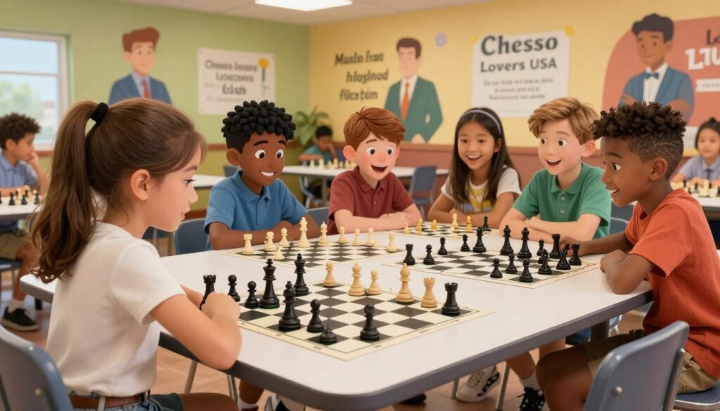 A vibrant, dynamic scene capturing a diverse group of children engaged in a chess club meeting, highlighting social interaction and teamwork. In the foreground, a focused girl in casual but neat clothing, studying a chessboard with various pieces arranged strategically. The middle ground showcases a group of boys and girls, ages 8-12, laughing, discussing their moves, and sharing strategies, all around a large table filled with chess boards. In the background, murals of famous chess players and motivating quotes span the walls of a cozy, brightly-lit community center. Soft, warm lighting creates an inviting atmosphere, emphasizing the joy and camaraderie of this social growth environment. The scene is framed from an angle that captures the participants’ expressions and interactions. Include the brand name "Chess Lovers USA" subtly integrated in the background. A vibrant, dynamic scene capturing a diverse group of children engaged in a chess club meeting, highlighting social interaction and teamwork. In the foreground, a focused girl in casual but neat clothing, studying a chessboard with various pieces arranged strategically. The middle ground showcases a group of boys and girls, ages 8-12, laughing, discussing their moves, and sharing strategies, all around a large table filled with chess boards. In the background, murals of famous chess players and motivating quotes span the walls of a cozy, brightly-lit community center. Soft, warm lighting creates an inviting atmosphere, emphasizing the joy and camaraderie of this social growth environment. The scene is framed from an angle that captures the participants’ expressions and interactions. Include the brand name "Chess Lovers USA" subtly integrated in the background.