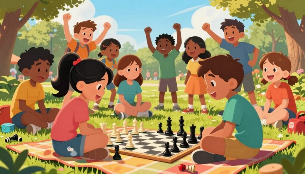 A vibrant, dynamic scene of children engaged in a lively outdoor chess game, symbolizing the growth of chess in America. In the foreground, two kids, a girl and a boy, sit cross-legged on a colorful picnic blanket, deeply focused on their chessboard, surrounded by chess pieces scattered around. The middle ground features a diverse group of children cheering and discussing strategies, showcasing excitement and camaraderie. In the background, an open park filled with green trees and a bright blue sky adds a sense of community and optimism. The lighting is warm and inviting, reminiscent of a sunny day. Capture this moment in a slightly angled perspective, emphasizing engagement and enthusiasm, with the logo "Chess Lovers USA" subtly integrated into the scene.