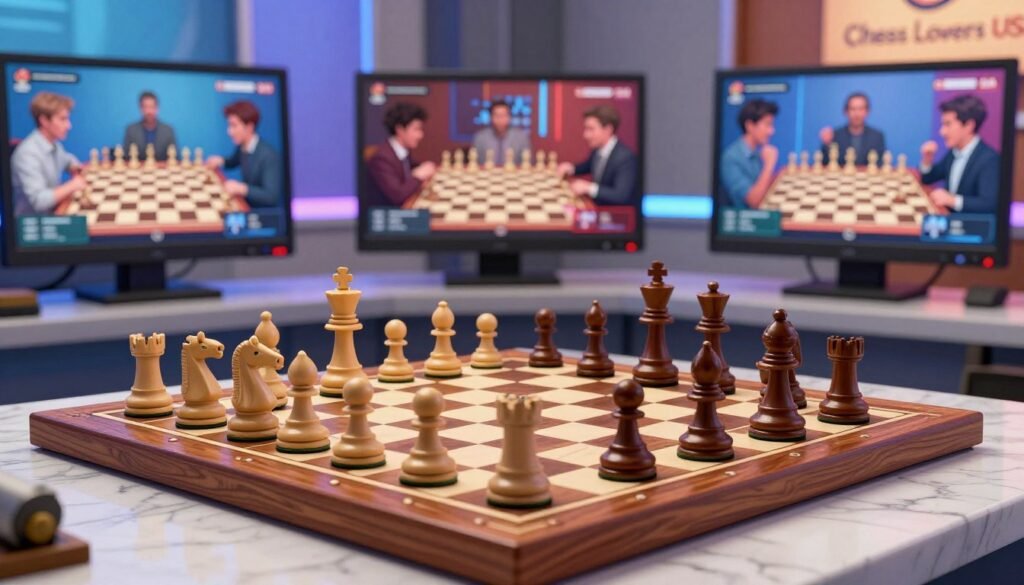 A vibrant, dynamic streaming chessboard scene set within a virtual studio. In the foreground, a detailed chessboard made from rich mahogany and polished marble tiles, pieces mid-game, showcasing a tense moment between a knight and a queen. In the middle ground, sleek monitors display live streaming chess matches, with engaging viewers reacting in real-time. The background features soft, ambient lighting that highlights the chess pieces, creating a focus on their textures and colors. A slight depth of field blurs the background, emphasizing the chessboard. Incorporate the logo "Chess Lovers USA" subtly in the environment, ensuring a professional aesthetic. The mood is energetic and engaging, conveying the excitement of the chess community embracing digital platforms.