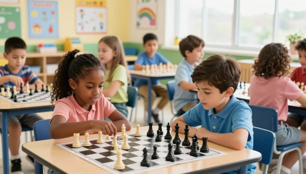 A vibrant elementary school chess scene filled with young players, ages 6-10, engaged in strategy. In the foreground, two diverse children, one Black girl and one Hispanic boy, concentrate intensely over their chessboard, examining their pieces with determination. The middle ground features a few other children seated at tables, some looking at their boards and others chatting excitedly. The background reveals colorful classroom decorations, learning posters, and natural light streaming through large windows, creating an inviting atmosphere. The image is bright and lively, evoking a sense of community and education. Shot from a slightly elevated angle to capture the excitement and engagement, with a soft focus on the background, enhancing the children's expressions. Incorporate the brand name "Chess Lovers USA" subtly into the scene, ensuring no text is present on the image itself.