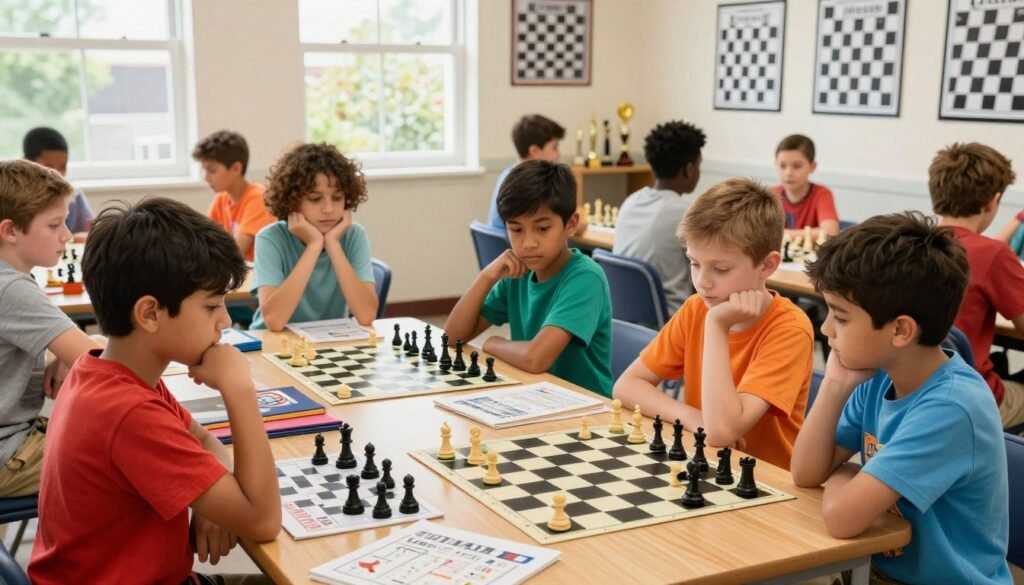 A vibrant, engaging scene in a well-lit local chess club dedicated to junior players. In the foreground, a diverse group of enthusiastic children aged 8-12, some wearing colorful t-shirts, are intently focused on chess boards, displaying thoughtful expressions. The middle ground features a wooden table filled with chess resources like books, printed strategies, and colorful chess pieces, emphasizing the theme of learning and accessibility. In the background, a bright, welcoming room with walls adorned with chess-themed posters and trophies celebrates local tournaments. Warm, natural lighting streams in from large windows, creating an inviting atmosphere that fosters friendship and collaboration. The scene reflects the essence of community and youth engagement in chess, showcasing the logo "Chess Lovers USA" subtly placed on one of the resource tables.