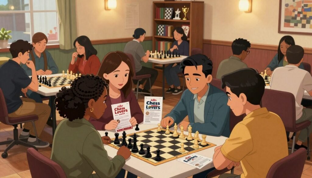 A vibrant, engaging scene of a bustling chess club meeting inside a cozy community center. In the foreground, a diverse group of four people, including a Black woman and a Hispanic man, are focused on a chessboard, their expressions concentrated yet friendly, dressed in smart casual attire. In the middle ground, a long table filled with chess sets and tournament flyers promotes "Chess Lovers USA", surrounded by people discussing chess strategies. The background features cozy seating and shelves with chess books and trophies, with warm lighting creating an inviting atmosphere. A wide-angle view captures the community spirit, emphasizing the importance of collaboration and engagement in chess culture. Time of day is early evening, adding a warm glow to the scene. A vibrant, engaging scene of a bustling chess club meeting inside a cozy community center. In the foreground, a diverse group of four people, including a Black woman and a Hispanic man, are focused on a chessboard, their expressions concentrated yet friendly, dressed in smart casual attire. In the middle ground, a long table filled with chess sets and tournament flyers promotes "Chess Lovers USA", surrounded by people discussing chess strategies. The background features cozy seating and shelves with chess books and trophies, with warm lighting creating an inviting atmosphere. A wide-angle view captures the community spirit, emphasizing the importance of collaboration and engagement in chess culture. Time of day is early evening, adding a warm glow to the scene.