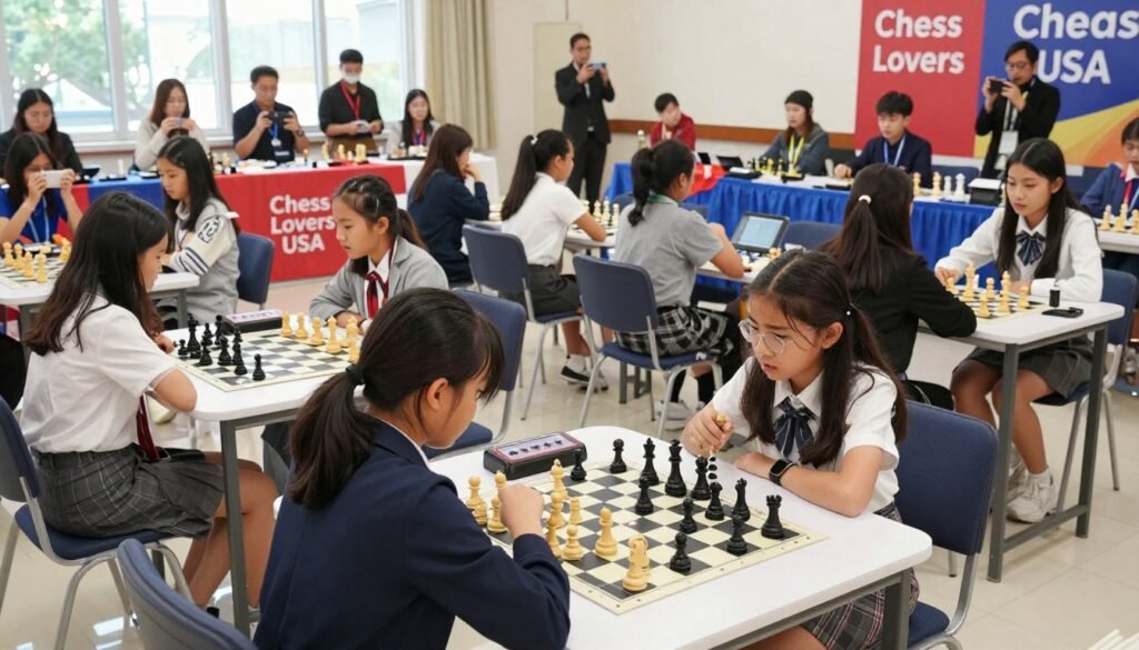 A vibrant girls' chess tournament scene set in a spacious, well-lit hall. Foreground features a diverse group of girls, aged 10-16, intently focused on their chessboards, showcasing a mix of emotions like concentration and excitement. They are dressed in professional business attire and modest casual clothing. The middle ground displays tables adorned with chess pieces and timers, surrounded by vibrant banners reading "Chess Lovers USA." In the background, spectators enthusiastically watch, some capturing the moments on their phones. The atmosphere is filled with a sense of competition and camaraderie, enhanced by soft, natural lighting streaming through large windows. The camera angle is slightly elevated, capturing the energy and engagement of the participants while emphasizing the significance of these major national tournaments.