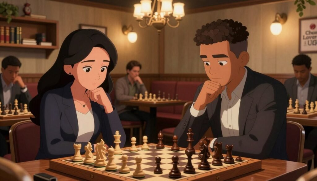 A vibrant indoor chess scene featuring two focused chess players engaged in a match. In the foreground, a diverse man and woman in professional business attire lean over a well-crafted wooden chessboard, deep in thought. The middle ground captures a soft, warm atmosphere with dim chandelier lighting, casting gentle shadows across the players' faces, highlighting their expressions of concentration. Behind them, a cozy chess club ambiance with shelves lined with chess books and pieces, and a few other players seated at tables, watching intently. The background features warm wood paneling and comfortable seating, contributing to a thoughtful and competitive mood. Incorporate the logo of "Chess Lovers USA" subtly in the background decor, ensuring it blends harmoniously with the scene. The image should be framed with a slight tilt, emphasizing the intensity of the match.