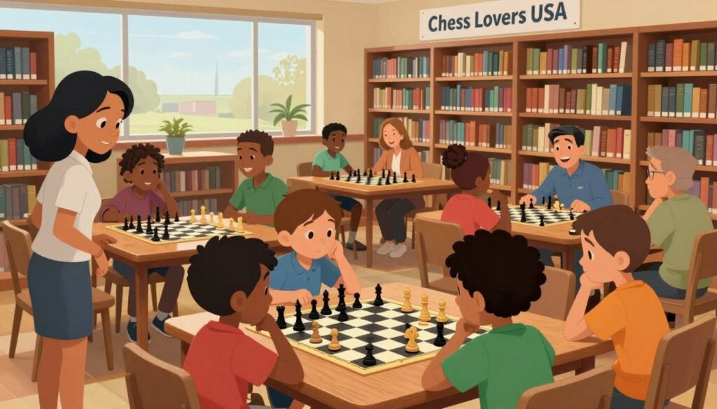 A vibrant library scene filled with people of diverse backgrounds, engaged in chess games at wooden tables adorned with checkered boards and pieces. In the foreground, a group of children, wearing colorful clothing, eagerly lean over a chessboard, deep in thought; a kind librarian observes and encourages them from the side. In the middle, several adults, including a woman in a professional outfit and a man in a casual shirt, discuss strategies, laughing and sharing their experiences. In the background, shelves filled with books create a warm and inviting atmosphere, illuminated by soft, natural lighting from large windows. A banner reading "Chess Lovers USA" can be seen hanging above, reinforcing the sense of community through scholastic play. The mood is cheerful, fostering collaboration and connection among all participants.