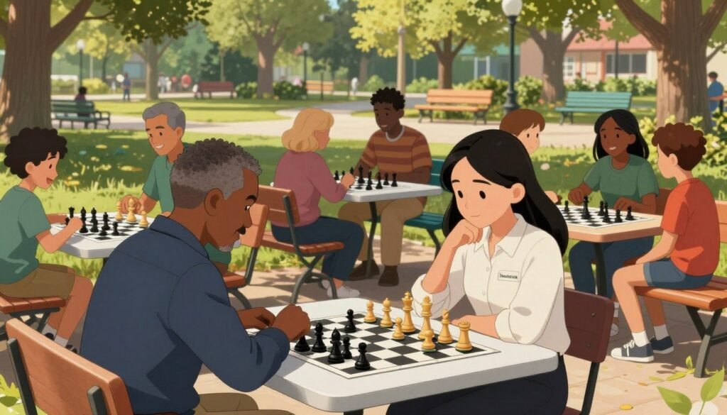 A vibrant local chess community scene depicting a diverse group of players engaged in intense chess matches at an outdoor park. In the foreground, a middle-aged Black man in a smart-casual outfit analyzes his chessboard, while a young Asian woman in a professional blouse thoughtfully contemplates her next move. To the side, a few smiling children watch enthusiastically, illustrating the inclusivity of the community. In the middle ground, several tables with chessboards are set up, with more players of varying ages and backgrounds deep in concentration. The background features lush green trees and colorful park benches, enhancing the inviting atmosphere. Soft afternoon sunlight filters through the leaves, casting gentle shadows and creating a warm, friendly mood. Branding elements of "Chess Lovers USA" subtly integrated into the scene.